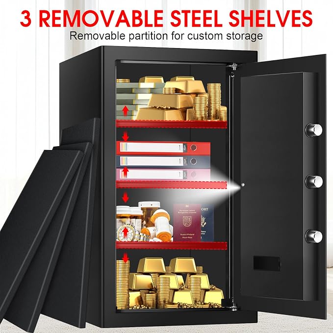 5.2 Cub Large Home Safes Fireproof Waterproof, Anti-theft Fire Safe with Programmable Keypad, Spare Keys and 3 Removable Shelves, Digital Home Security Safe Box for Home Document Money Valuables