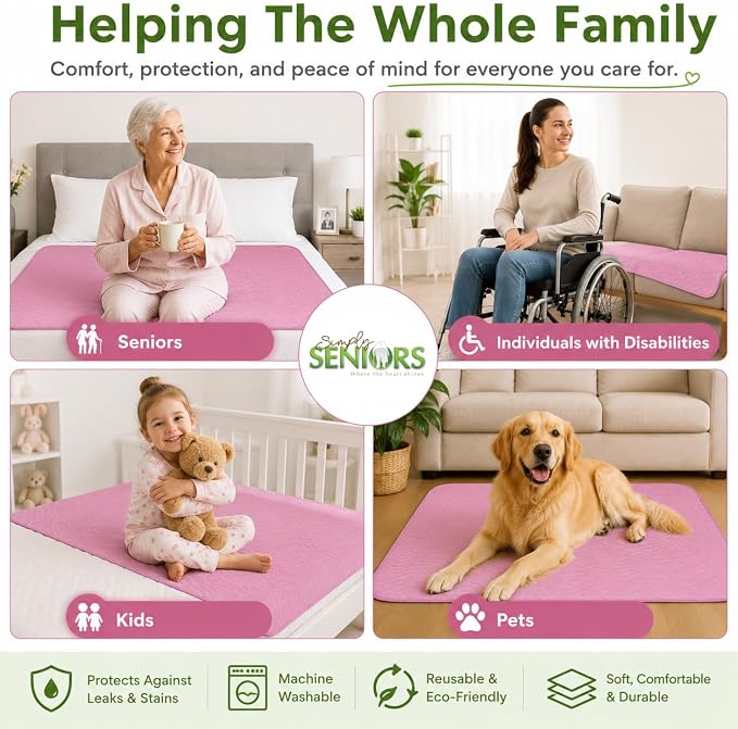 Bed Pads Washable Waterproof 34"x36"- Pack of 4 Pink Incontinence Bed Pads | Washable Pee Pads for Adults - Dementia Products for Elderly & Elderly Assistance Products - Reusable Pee Pads Dogs & Kids