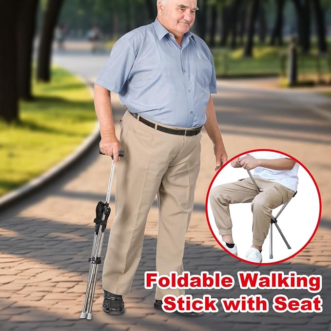 Folding Cane with Seat, Walking Sticks Seat for Seniors | Ergonomic Support Crutch Stool Mobility Aids for Outdoor Trip Park Visit Travel Climbing Hiking Picnic