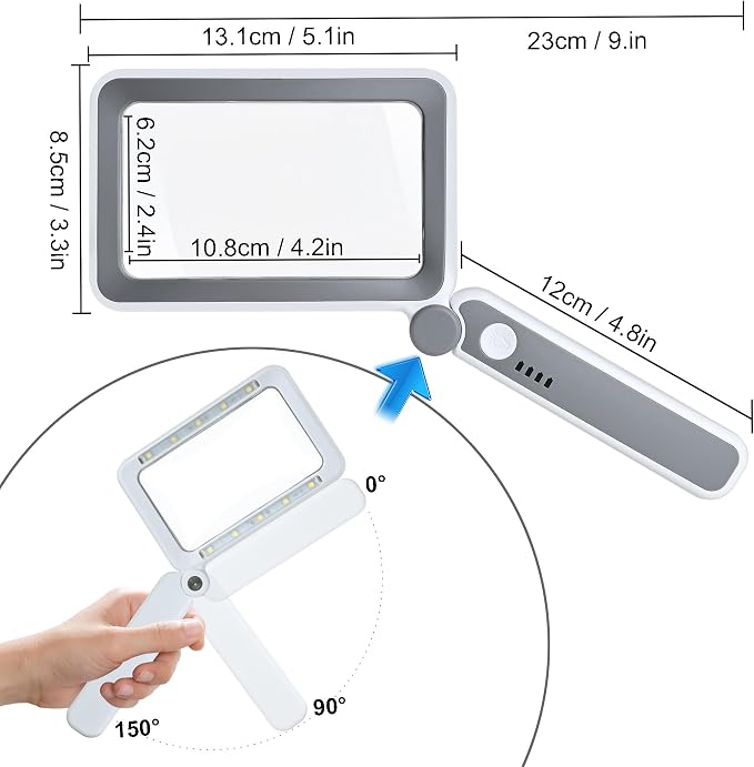 Rechargeable LED Magnifying Glass for Reading Books, Bible & Small Print, 4X Optical-Grade Rectangular Lens with 3 Adjustable Brightness Levels, USB-C Foldable Magnifier Gift for Seniors, Low Vision