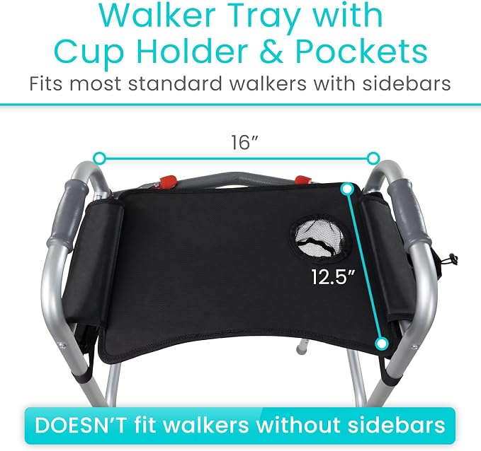 Vive Walker Tray for Folding Walker w/Cup Holder & Pockets - Removable | Adult Mobility Accessories - Fits Standard Walkers - Medical Table for Seniors Non Slip Mat for Food - Easy Assembly