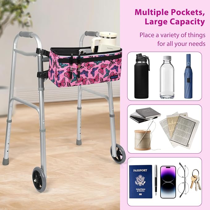 ZHCHG Walker Basket for Seniors, Walker Accessories Bag for Folding Walker | Large Capacity & Never Tipping Over, Best Gift- (Not Fit Rollator Walkers)- Light Pink Butterfly