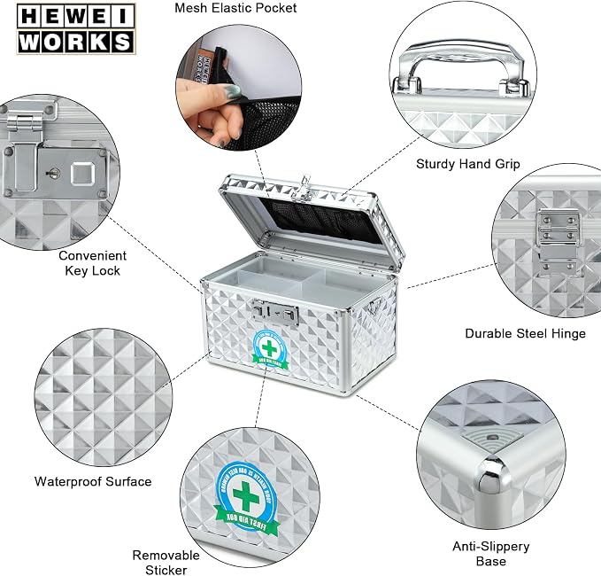 Storage Box with Key Lock, Lockable Medicine Storage Box, Empty First Aid Box, Security Lock Box, Multipurpose Locking Box for Home and Outdoor Use (Silver, Medium)