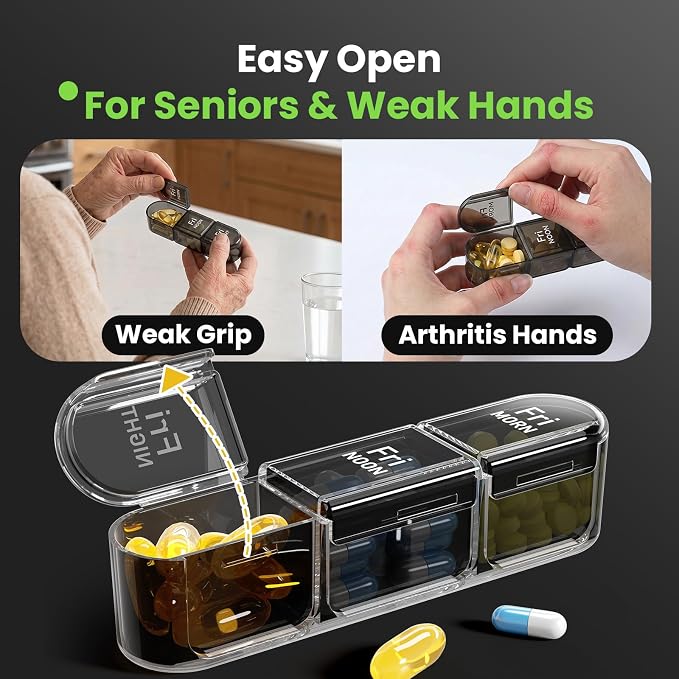 Pill Organizer 3X a Day, Medicine Pill Organizer 7 Day, Weekly Pill Case with 21 Compartments for Medicine, Vitamin and Supplement, Full Black