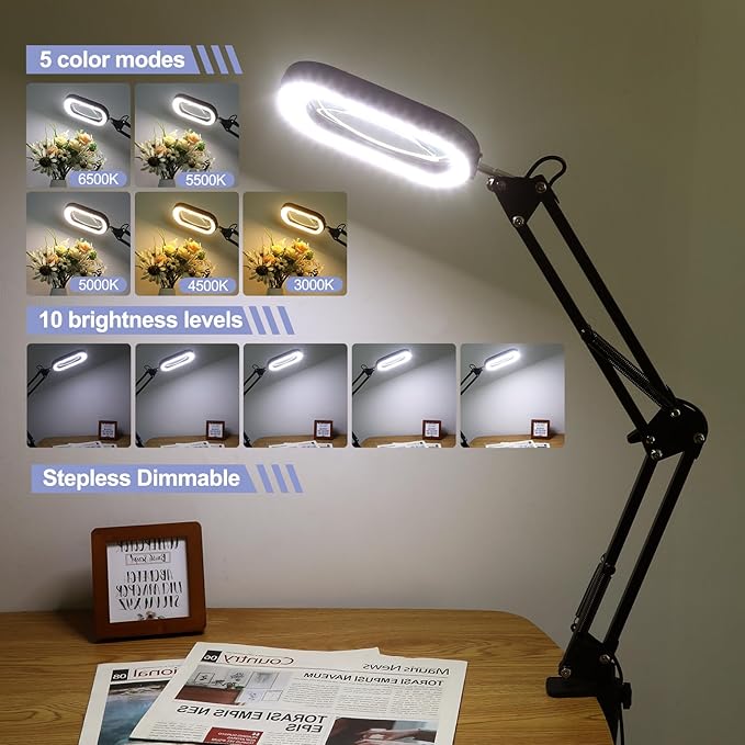 Drdefi 12X Square Magnifying Glass with Light and Stand, Real Glass LED Lighted Magnifier, 5 Color Modes Stepless Dimmable, Hands-Free Mag Desk Lamp with Clamp for Reading Craft Hobby Close Work Black