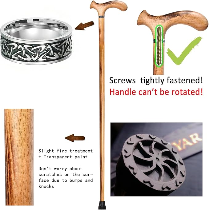 Wooden Walking Cane with 5 Height for Men and Women, Handmade Wood Cane with Comfort Grip Handle, Supportive Mobility Aid for Seniors, Fashionable & Classic Lightweight Stick