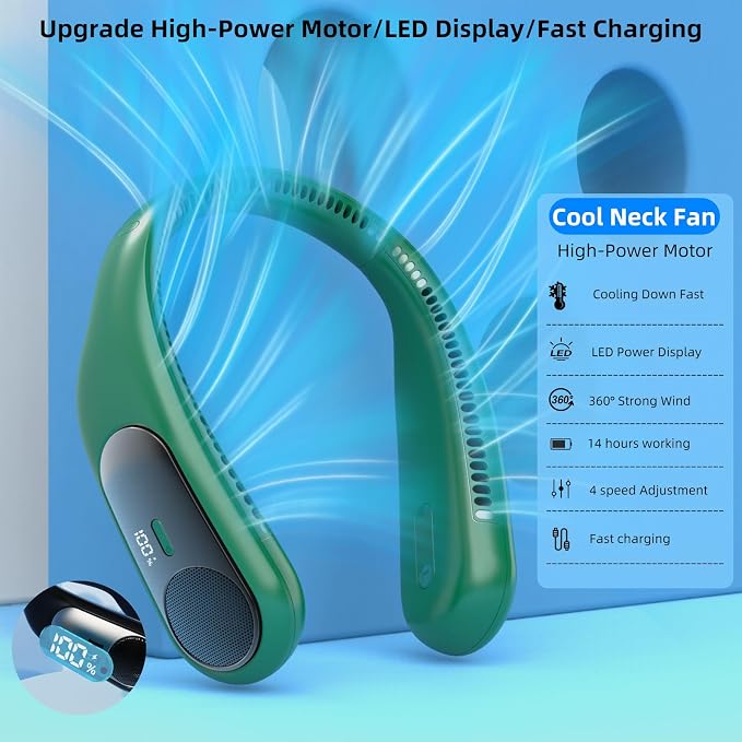 Portable Neck Fan, Personal Wearable Bladeless Fan for Outdoor Indoor, LED Display, 360° Cooling, 4-Speeds, 6000mAh USB Rechargeable, Birthday Gifts for Men Women Dad Mom (Dark green)