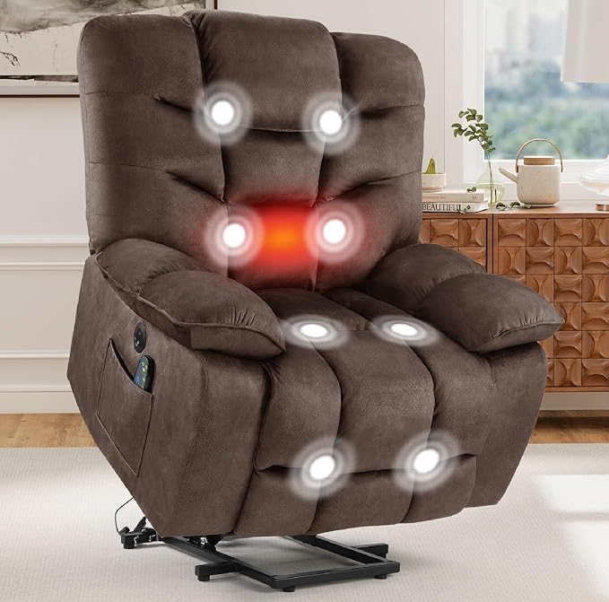 HAOMARKETS Oversized Power Lift Recliner with Massage and Heat for Elderly, Electric Lifting Reclining Chair with Side Pockets and USB Port for Living Room, Brown