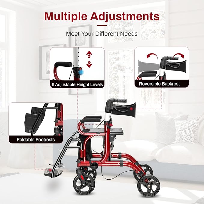 Goplus 2 in 1 Rollator Walker for Seniors, Medical Walker with Seat, Folding Transport Wheelchair Rollator with 8" Wheels, Reversible Backrest, Footrests, Aluminum Mobility Walking Aid