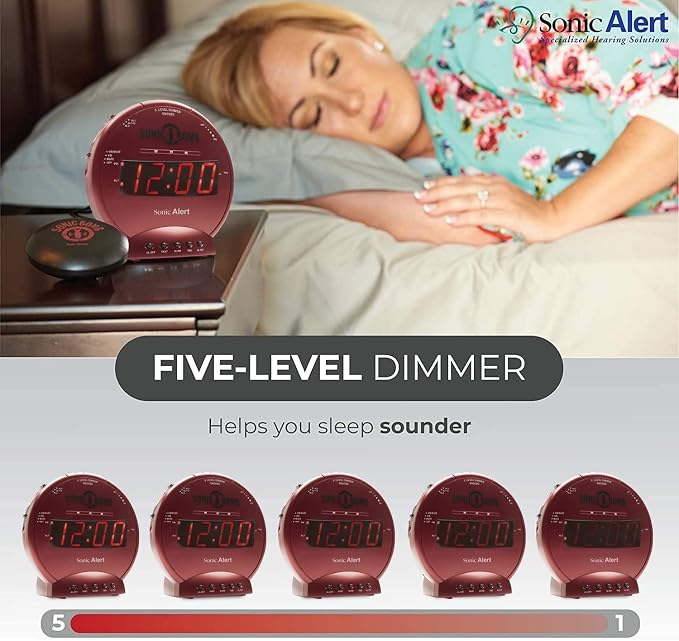 Sonic Alert Sonic Bomb Dual Alarm Clock with Bed Shaker, Red Vibrating Alarm Clock Heavy Sleepers, Battery Backup | Wake with a Shake