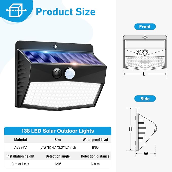 1 Pack Solar Motion Sensor Lights Outdoor Waterproof with 3 Modes | Cool White, Black Frame, LED, Solar Powered, Security Lighting for Outside Wall Garden Fence Yard Deck Patio Garage