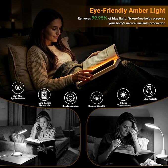 Amber Book Light, Rechargeable Clear LED Flat Reading Light with 3 Colors & Timer, Dimmable Panel Plate Lamp Book Full Page Light for Reading in Bed at Night, Funny Gifts for Readers Book Lovers