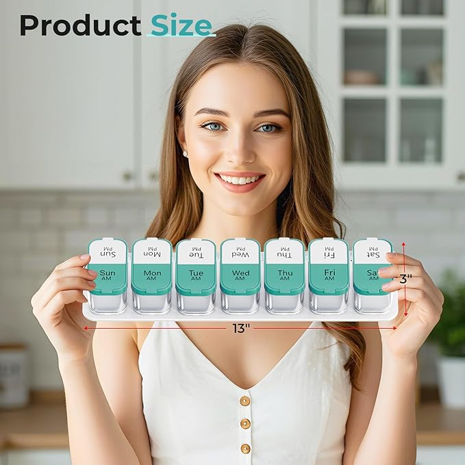 Odaro Extra Large Weekly Pill Organizer 2 Times A Day, Pill Box 7 Day Am Pm to Hold Daily Medicine Vitamin and Supplements - Cyan