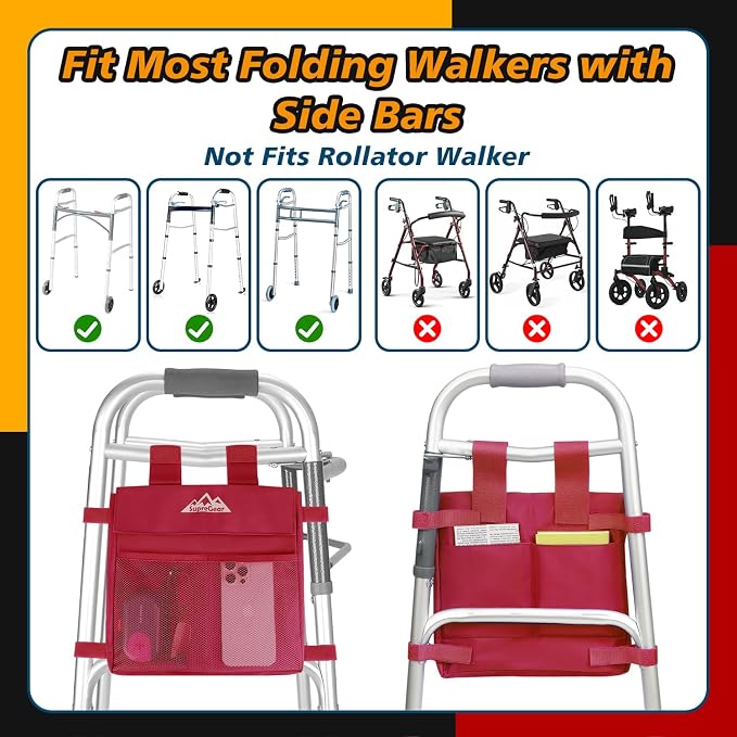supregear Walker Side Bag, Water Resistant Accessory Basket Pouch for Folding Walkers, Lightweight Hand Free Storage Carrier Tote, Universal Size Seniors Caddy Attachment, Red