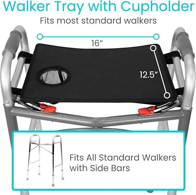 Vive Walker Tray for Folding Walker - (w/Cup Holder) - Adult Mobility | Accessories - Fits Standard Walkers - Medical Table for Seniors Non Slip Mat for Food - Removable & Easy Assembly (Black)