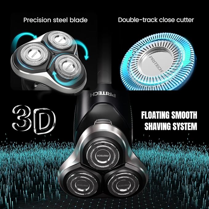 PRITECH Electric Razor for Men Rotary Electric Shavers for Men Cordless | Portable, Wet & Dry Use, Travel Lock, LED Display, IPX6 Waterproof, Lightweight, USB Fast Charging, Gift for Men