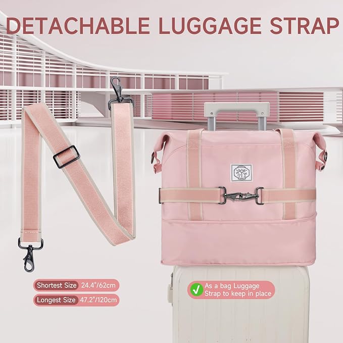 WALNEW Travel Duffel Bag, Weekender Overnight Carry On Bag for Women Men, Foldable Waterproof Gym Luggage Duffle Bag with Metal Buckle Detachable Shoulder Strap and Wet Compartment (Pink)