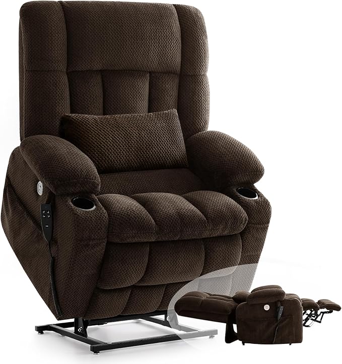 Dual Motor Power Lift Recliner Chair for Elderly, Infinite Position Lift Chair for Elderly W/Massage & Heat, Lay Flat Lift Recliner With Cup Holders, One-Touch Reset, Lumbar Pillow, Fabric (Brown)