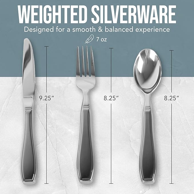 BunMo Weighted Utensils for Tremors and Parkinsons Patients - Heavy Weight Silverware Set of Knife, Fork and Spoon - Parkinsons Gifts for People with Parkinson's - Adaptive Eating Flatware (3 Pieces)