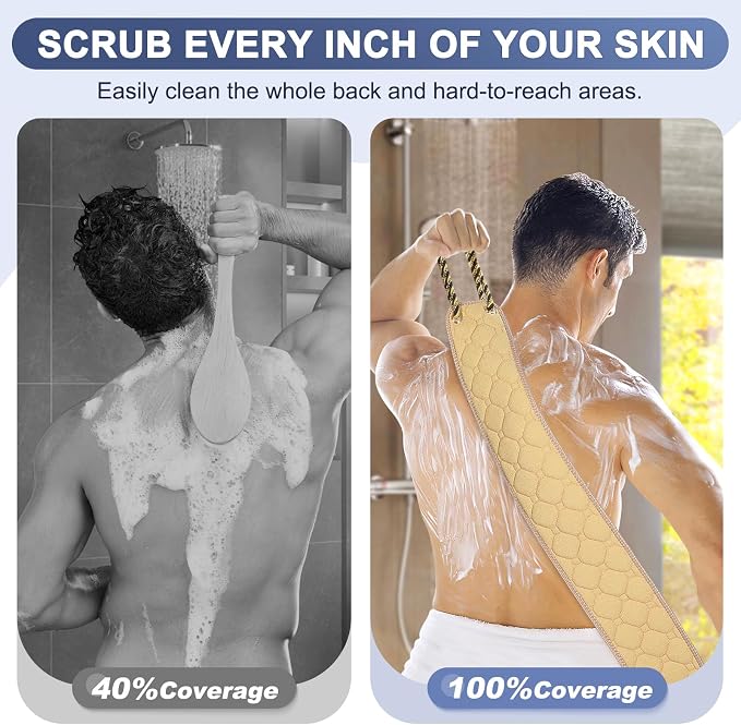 eaxun 38.5 Inch Exfoliating Back Scrubber with Dual Handles for Shower | Dual-Sided Bath Washer for Deeper Cleansing, Full Back Coverage Exfoliator without Straining for Men & Women