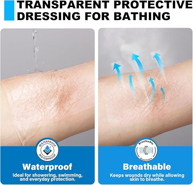 FRESINIDER Transparent Film Dressing 4” x 4.75” (50 Pack) – Waterproof Shower Bandages, Breathable Clear Wound Cover with Border for IV Shield, Post-Surgery Care & Tattoo Aftercare
