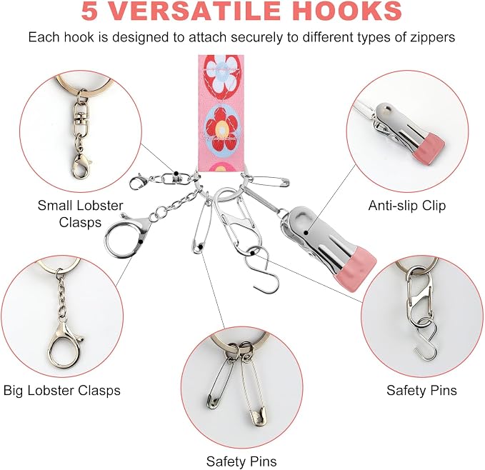 Zipper Helper Pull for Dresses 2 Pack Zipper Puller Helper with 5 Different Types Hooks Dress Zipper Pull Helper Assistant for Elderly and Pregnant Women(Pink Flower)