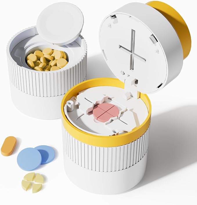 Sukuos Pill Cutter, Adjustable 1/4 and 1/2 Splitter for Cutting Multiple Pills, Press-to-Cut Small & Large Tablets with Pill Crusher and Storage Compartment &Sharp Stainless Blade, Orange