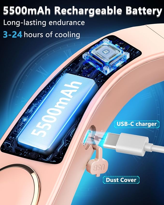 FWV Neck Fan with Cooling Plate, Whisper Quiet 30dB, 5500mAh Up to 24H, Hands-Free USB-C Headphone Fans, LED for Battery&Speed, Bladeless Portable Neck Coolers for Hot Weather Outside Sports Pink
