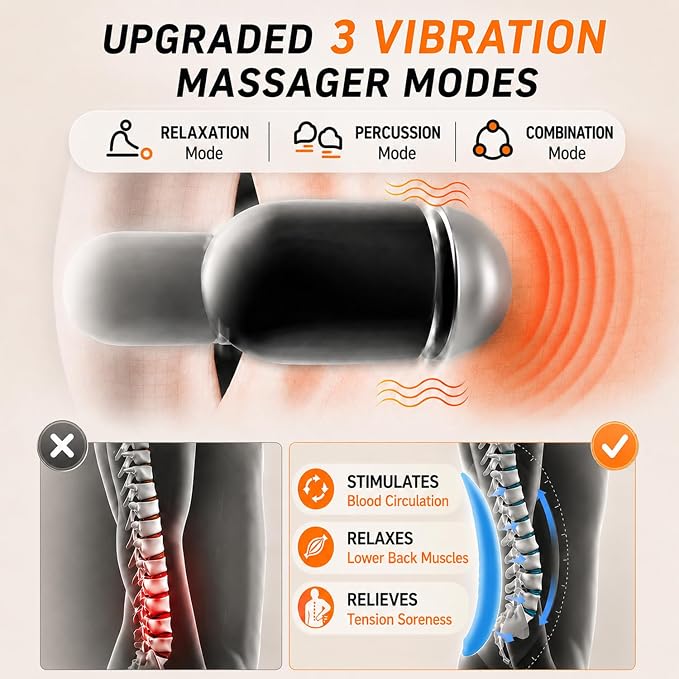 Upgraded 3-in-1 Triple Fusion Back Massager, Cordless Lumbar Support Pillow with Heat, Massage, Electric Stretch for Pain Relief, Lower Back Massager with 3000mAh Rechargable for Bed Office Chair Car