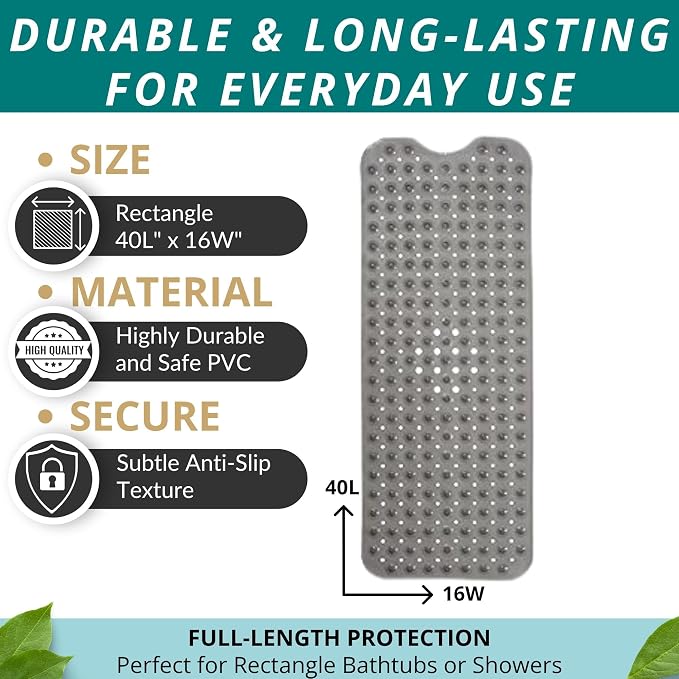 ENKOSI Bathtub Mat – 40 x 16 Inch Extra Long Non Slip Shower Mat – Anti Slip Grey Bath Mat with Suction Cups and Drain Holes – Bathroom Mat for Smooth Tubs and Shower Floors (40x16 Clear Grey)
