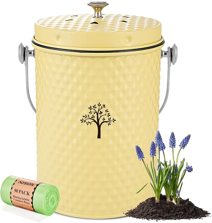 Countertop Kitchen Odorless Compost Bin with Removable Inner Bucket | 1 Gallon Composter Container,Includes 50 Compost Bags,2 Carbon Filters,Compost Bucket, ideal for food scraps,coffee grounds