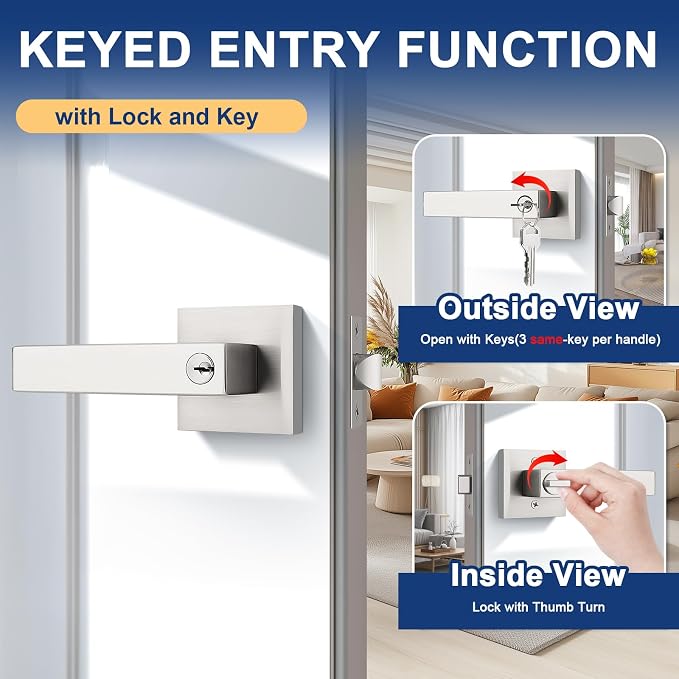 KNOBWELL 2 Pack Front Door Handles with Lock and Key, Lockable Door Knobs Entrance Door Lockset Brushed Nickel Square Door Levers(Same Key)