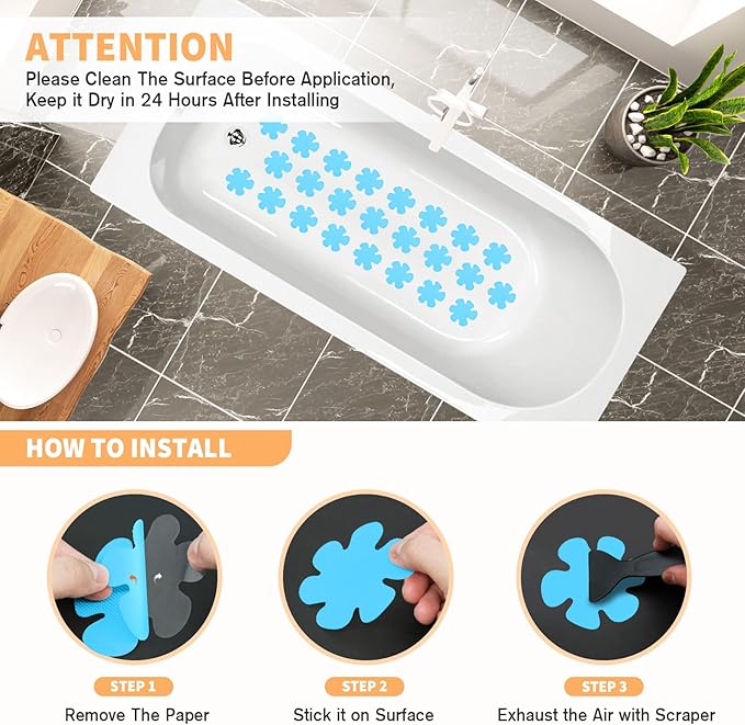 24 PCS Non Slip Bathtub and Shower Safety Stickers, Anti-Slip Stickers and Adhesive Decals Scraper for Bath Tib, Shower Floor, Stairs, Ladders - Flower Shape, Blue