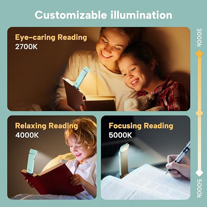 86lux Book Light, Rechargeable Reading Lights for Books in Bed, Ultralight Clip-on LED Bookmark Lamp with 3 Amber Colors & Stepless Dimming for Night Reading for Book Lovers, Kids, Light Blue