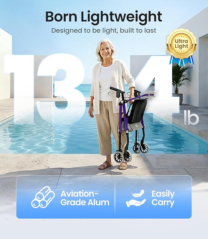 VOCIC Z12 Walker for Seniors with Seat, 13.4 LBS Ultra Light, 350 LBS | Ergo Seat & Backrest for Comfort, Height Adjustable & Easily Foldable for Seniors, All Terrain Wheels, Silver