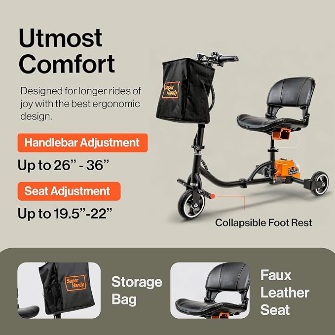 SuperHandy Passport Mobility Scooter for Adults - Foldable, 3 Wheel, Airline Travel Friendly - 6.5 Mile Range, 48V 2Ah Li-Ion Swappable Battery System (1 Li-Ion Battery)
