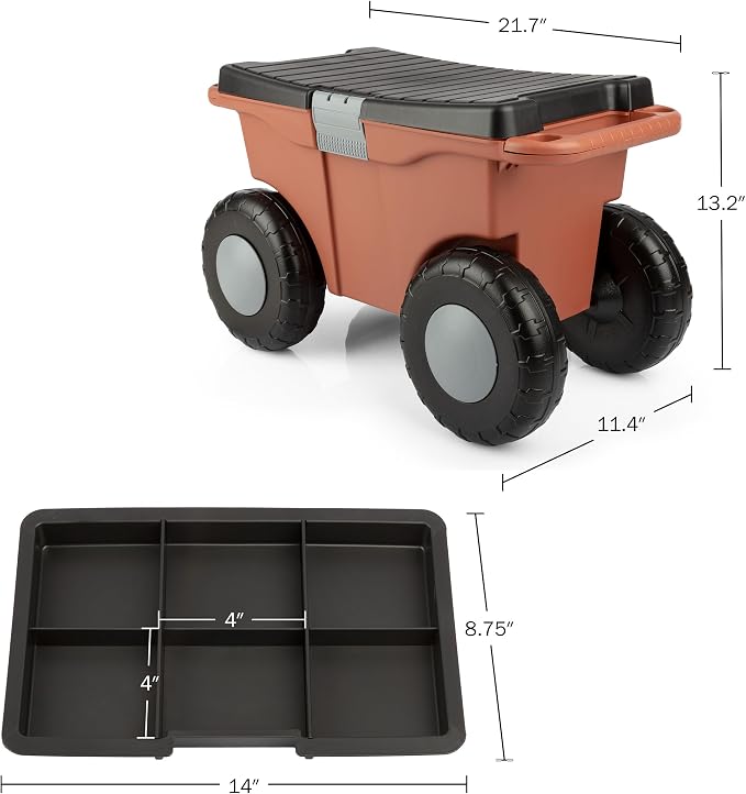 Pure Garden Rolling Garden Cart with Seat - Plastic Storage with Bench and Tool Tray - Gardening Stool for Weeding or Planting (Terracotta)