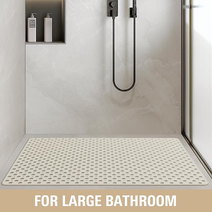 OTHWAY Large Shower Mat, 47"x 32" TPE Anti Slip Shower Mat, Heavy Bath Mats for Shower with Drain Holes Suction Cups, Shower Stall Mat for Bathroom, No Odor Shower Grip Mat for Elderly Kids(W-White)