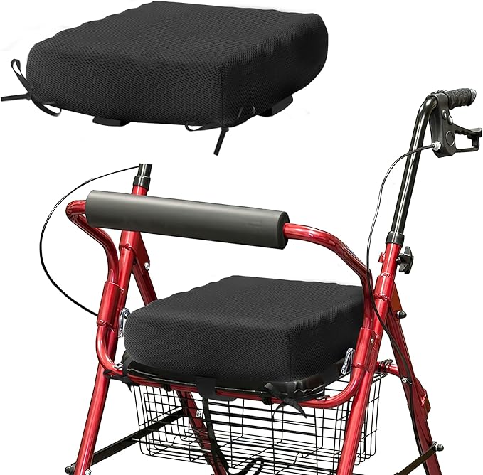 Rollator Walker Seat Cushion 12x12x3.5 Inch Support Pad with Breathable Mesh Cover, Adjustable Straps for Secure Fit(Black)