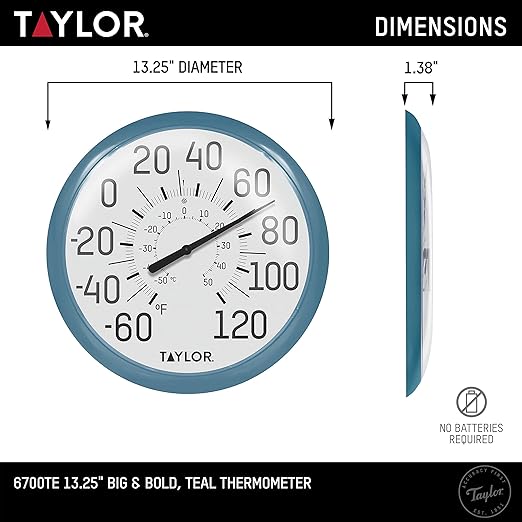 Taylor Big and Bold Wall Indoor Outdoor Thermometer, Easy to Read Numbers for Patio, Pool, and Indoor Areas 13.25 inch, Teal