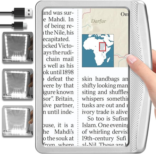 5X Rechargeable Magnifying Glass with Light, Large Bright LED Lighted Full Page Magnifier, Lightweight Rectangular Handheld Magnifier with Light for Reading Small Prints for Seniors, Silver