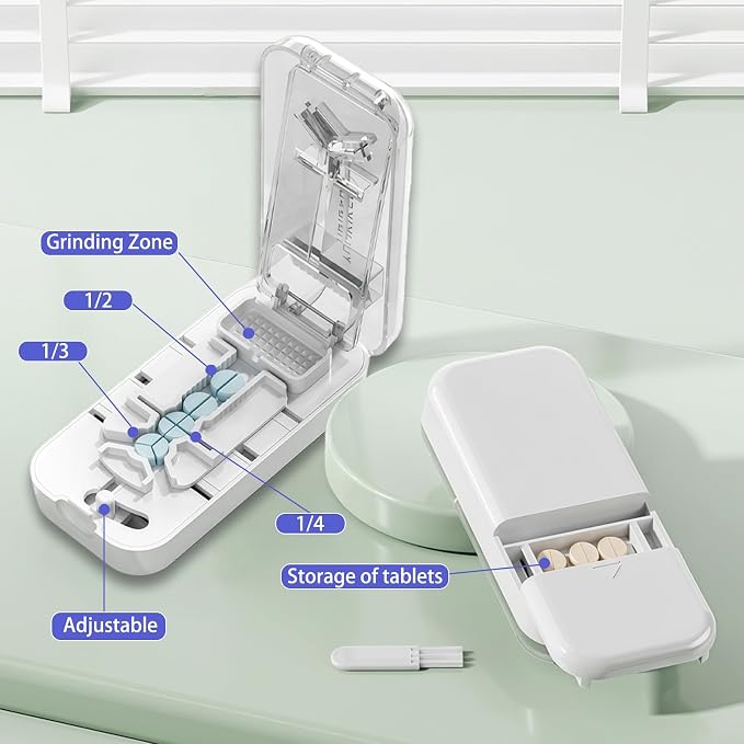Precision Pill Cutter with Centering Guide - Multi-Angle Tablet Splitter for 1/2, 1/3 & 1/4 Cuts, Includes Pill Crusher & Storage Compartment (Clear)