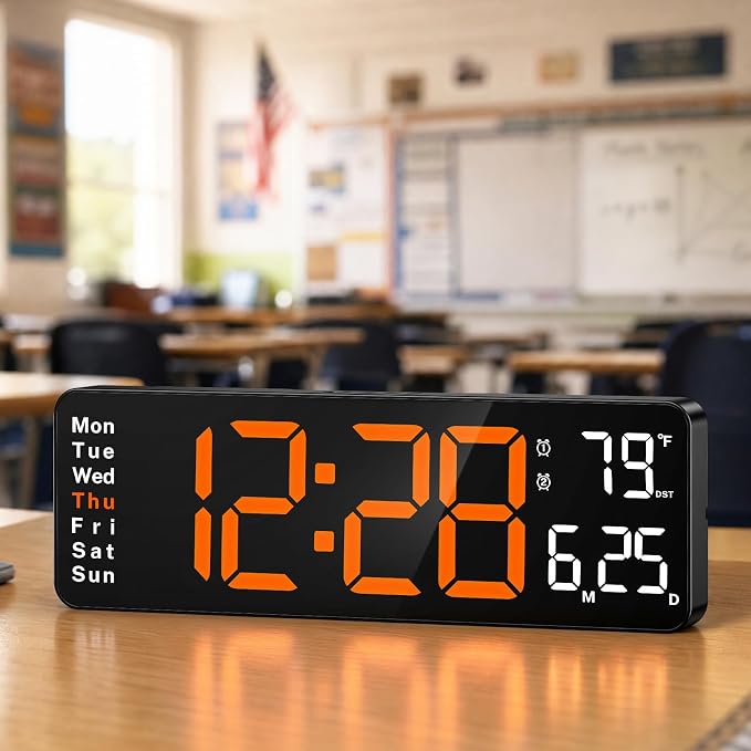 Digital Clock Large Display, 13" Large Wall Clock for Classroom | Big Led Wall Clocks with Remote Control,Date,Week,Alarm,Temp & DST for Bedroom,Living Room,Gym,Office