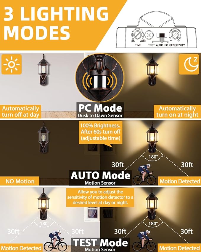 Redluck Motion Sensor Outdoor Lights, 16 inch Dusk to Dawn Outside Porch Lights, Waterproof Anti-Rust Aluminum Outdoor Wall Lights for House, Garage, Front Door, Antique Black and Bronze Gold