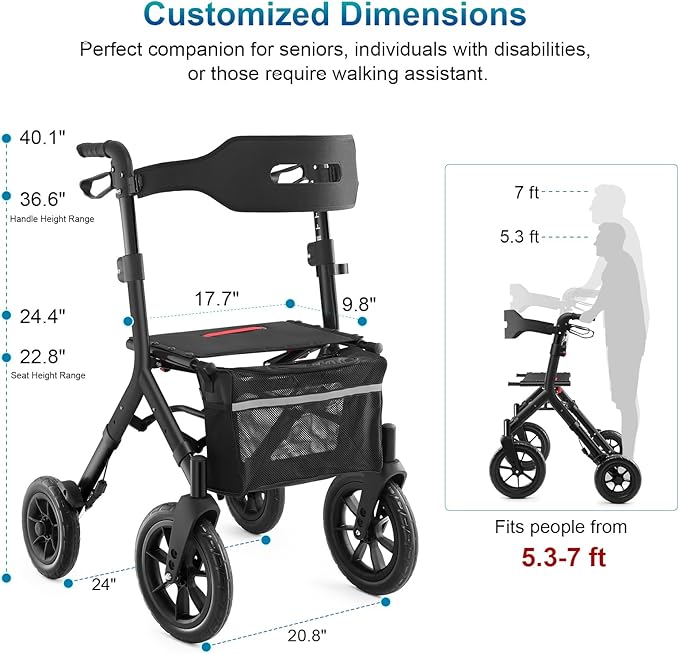 Rollator Walker with Seat, Tall Walkers for Seniors, 12" Big Rubber Wheels All Terrain Rollator Walker with Backrest, Built-in Cable, Foldable and Dual Adjustable Height for 5.3-7ft, Black