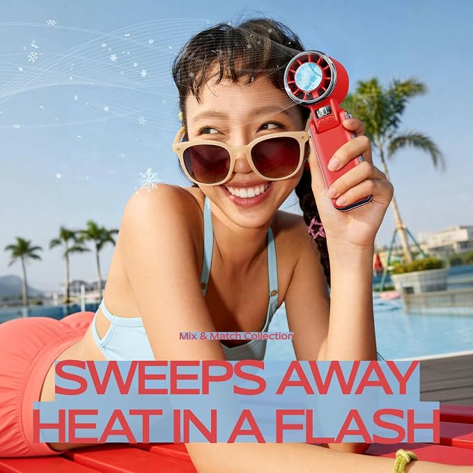 SHEWIND Portable Handheld Fan with Ice Cooling - 5 Gear High Speed Turbo Personal Fan Rechargeable, Up to 13 Hrs, Mini Hand Fans for Travel Essentials, Beach Vacation, Gifts for Women, Men (Red)