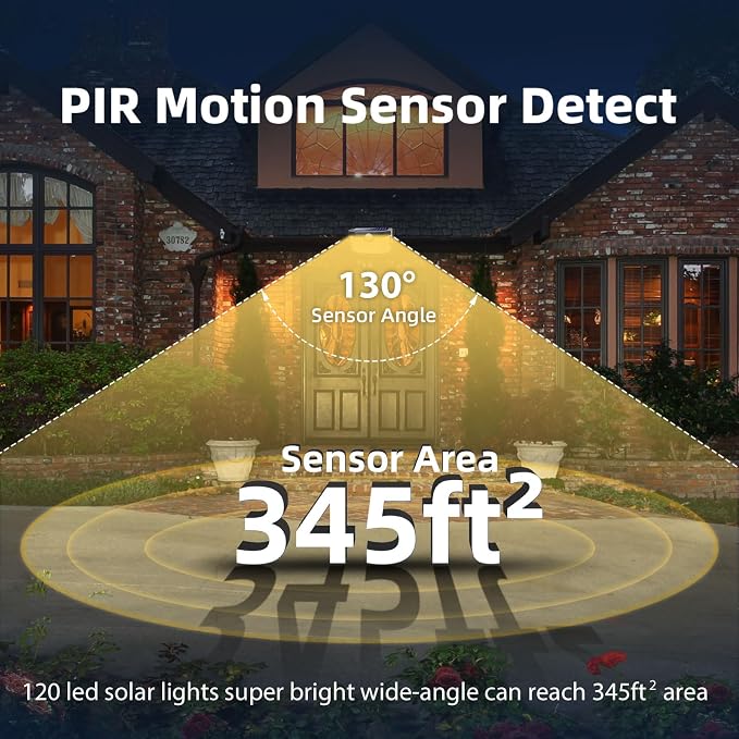 HMCITY 120 LED Solar Lights Outdoor Motion Sensor, 6 Pack, Black Warm | 3 Lighting Modes, IP65 Waterproof, Front Button Control, Wide Solar Wall Lights Ideal for Garden Patio Yard