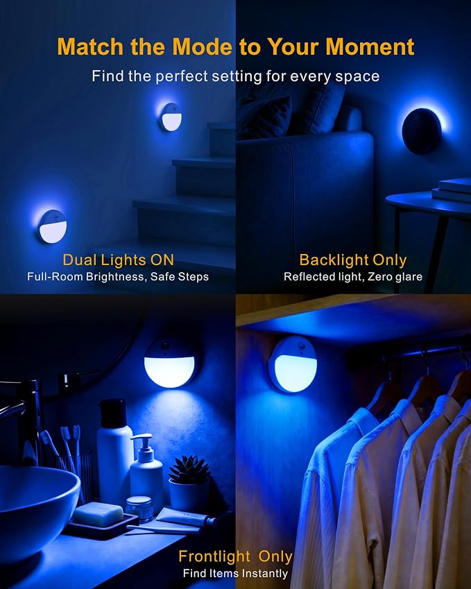 Toilet Light Motion Sensor, Dim Blue Night Light Battery Operated | 2 Pack, 3 Modes, Dimmable 1-10lm, Soft Glow, Motion Activated LED Nightlight, Wireless Stick on Light for Kids, Bathroom