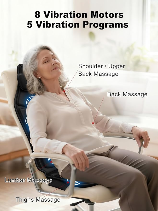 Vibration Back Massager for Chair with Heat, Massage Chair Heating Pad with Lumbar Traction, Seat Massager for Seniors, Office Workers & Family, Fatigue & Pain Relief in Office, Home & Travel