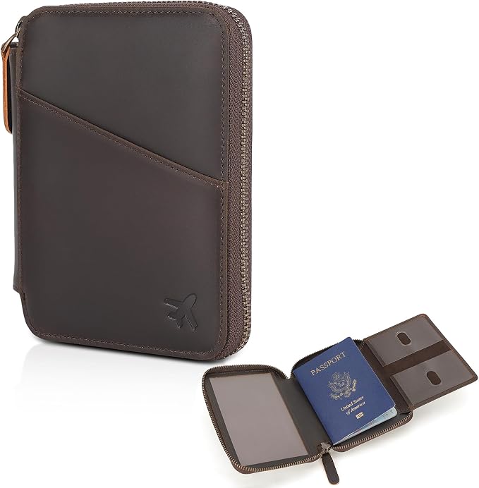 Polare Leather Pilot Wallet Passport Holder RFID Blocking Tri-fold Travel Cover Document Organizer for Aviation Professionals (Dark Brown(YKK Zipper Version))
